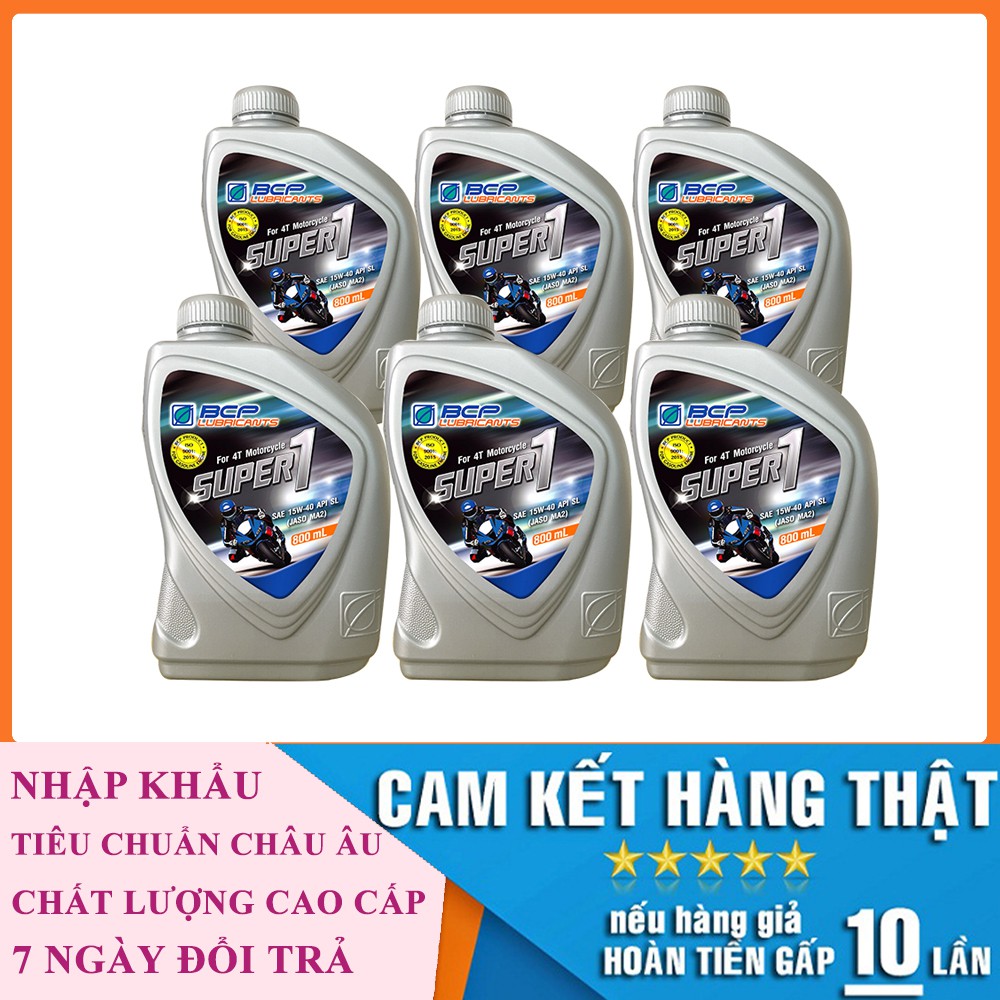 [BÁN SỈ] Thùng 6 chai nhớt Thái Lan nhập khẩu cho xe số BCP SUPER 1 - SAE 15W40 - API SL - JASO MA2 - 0.8L