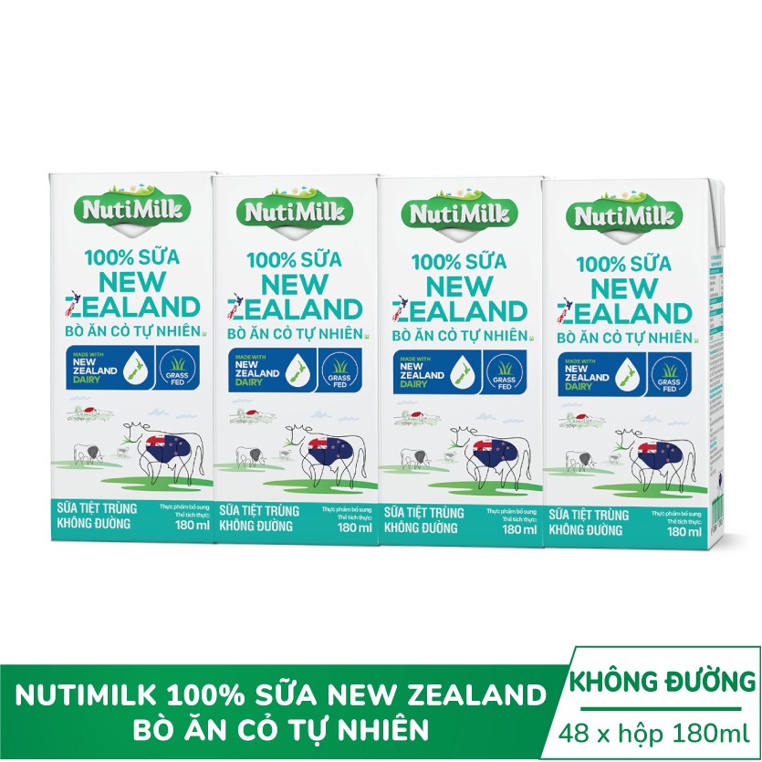 Thùng 48 hộp 100% Sữa New Zealand Nuti Bò ăn cỏ tự nhiên Không đường 180ml/hộp