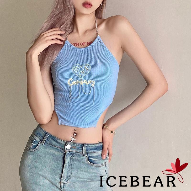 Áo Hai Dây Dáng Ngắn Thêu Chữ Và Trái Tim Màu Xanh Dương Thời Trang Quyến Rũ Cho Nữ