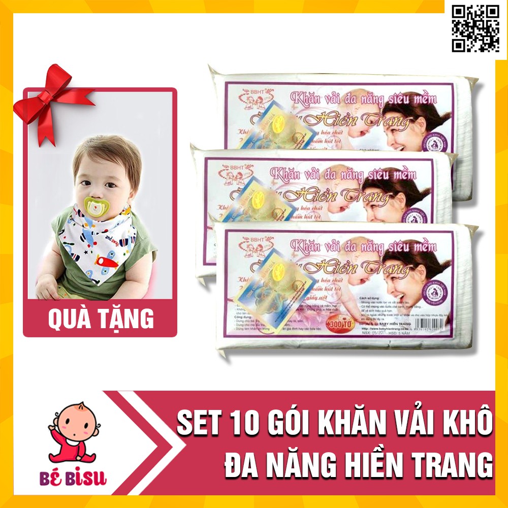 Combo 10 gói khăn vải khô đa năng Hiền Trang tặng kèm 2 yếm tam giác xô (200gr/ gói)