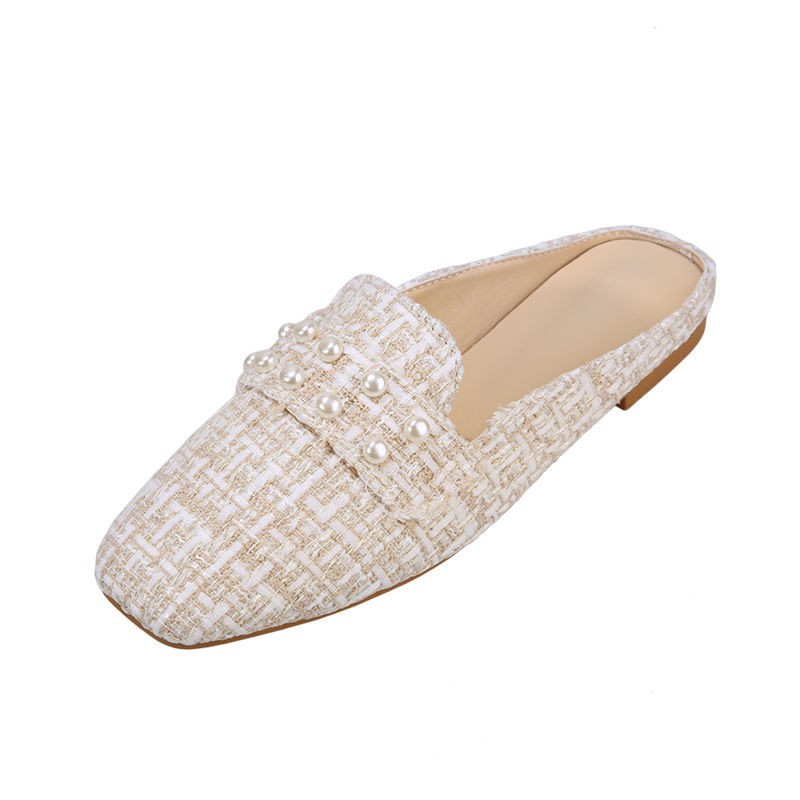 Dép sục nữ chất dạ trắng, mũi tròn đế thấp