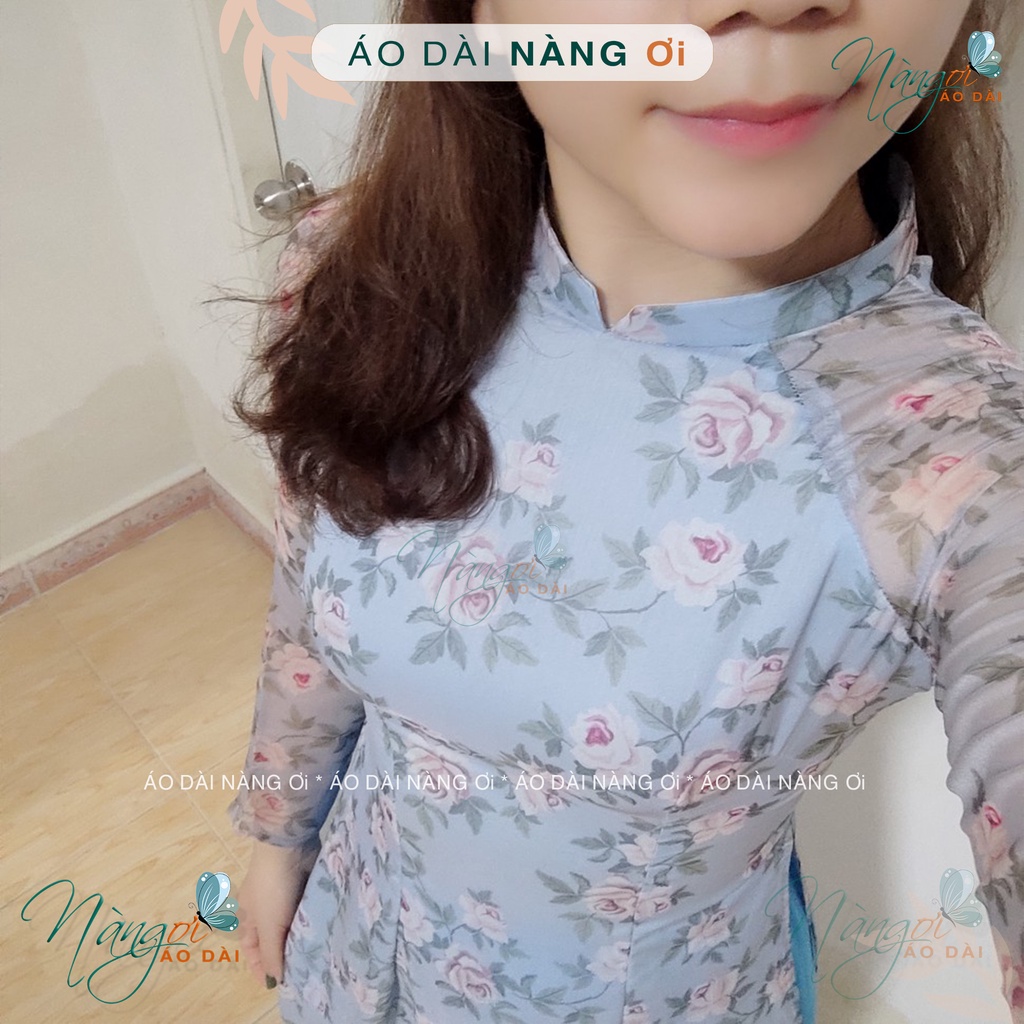 Áo Dài Hoa Nhí 4 Tà Xanh Hoa Hồng Truyền Thống Lụa Tơ Hoa Đẹp