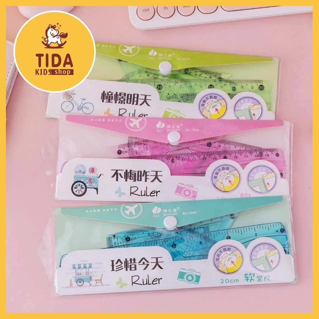 Set 4 Thước Kẻ Dẻo ⚡️ HOT TREND ⚡️ Thước Dài 20cm, Eke, Đo góc Cute, Dễ thương, Văn Phòng Phẩm TiDa Kids Shop