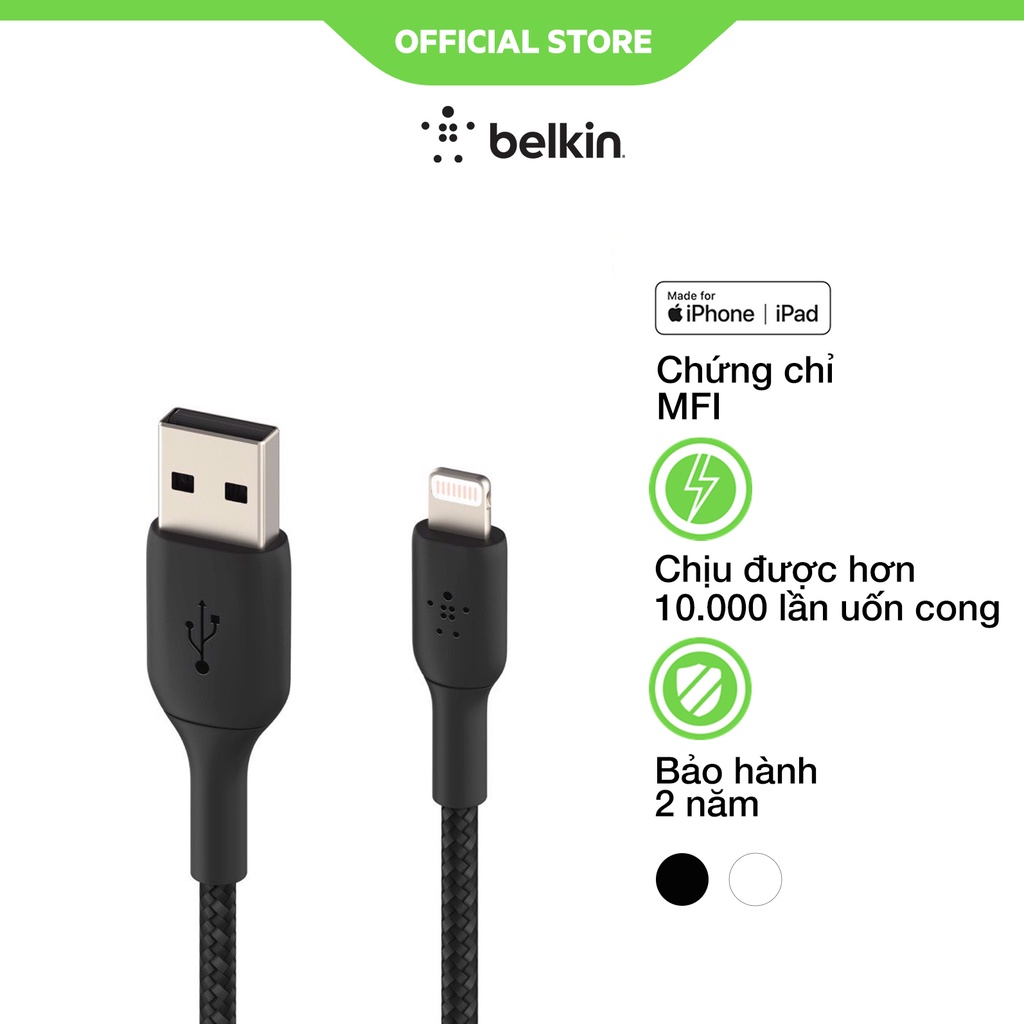 Cáp lightning Belkin BOOST CHARGE vỏ dù, chứng chỉ MFi, sạc nhanh, 2mét - Hàng chính hãng - BH 2 năm