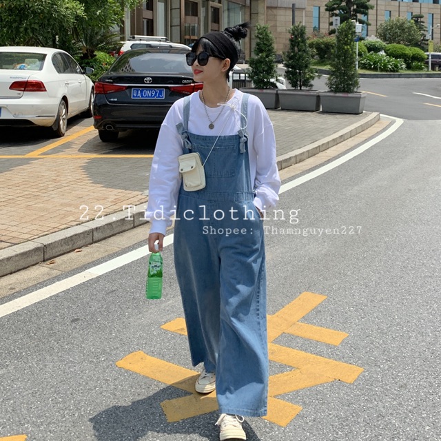 ( ORDER ) Quần yếm jeans ulzzang ống rộng form dài xanh đậm xanh nhạt có size big size / quần yếm bò có bigsize Taobao