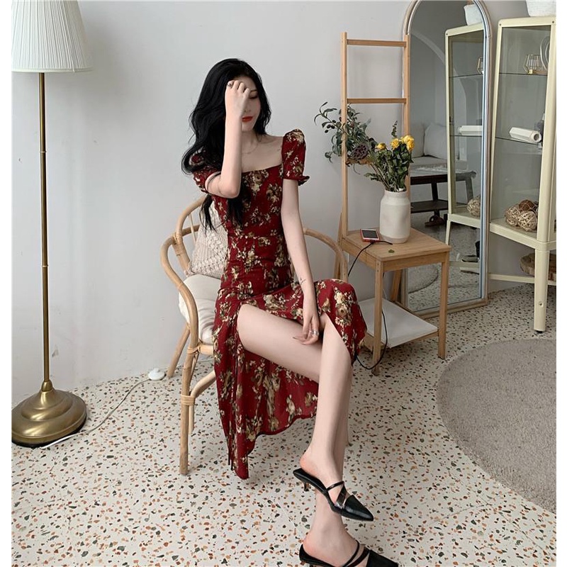 HIIXIIVI Đầm Tay Ngắn Phồng Nhẹ Dáng Ôm Hoạ Tiết Sang Trọng Cho Nữ