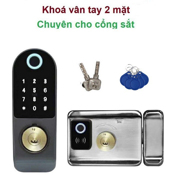 Khóa cổng vân tay 2 mặt dùng cho gia đình, nhà trọ - Ngôn ngữ tiếng Anh / Việt ( tùy chọn)