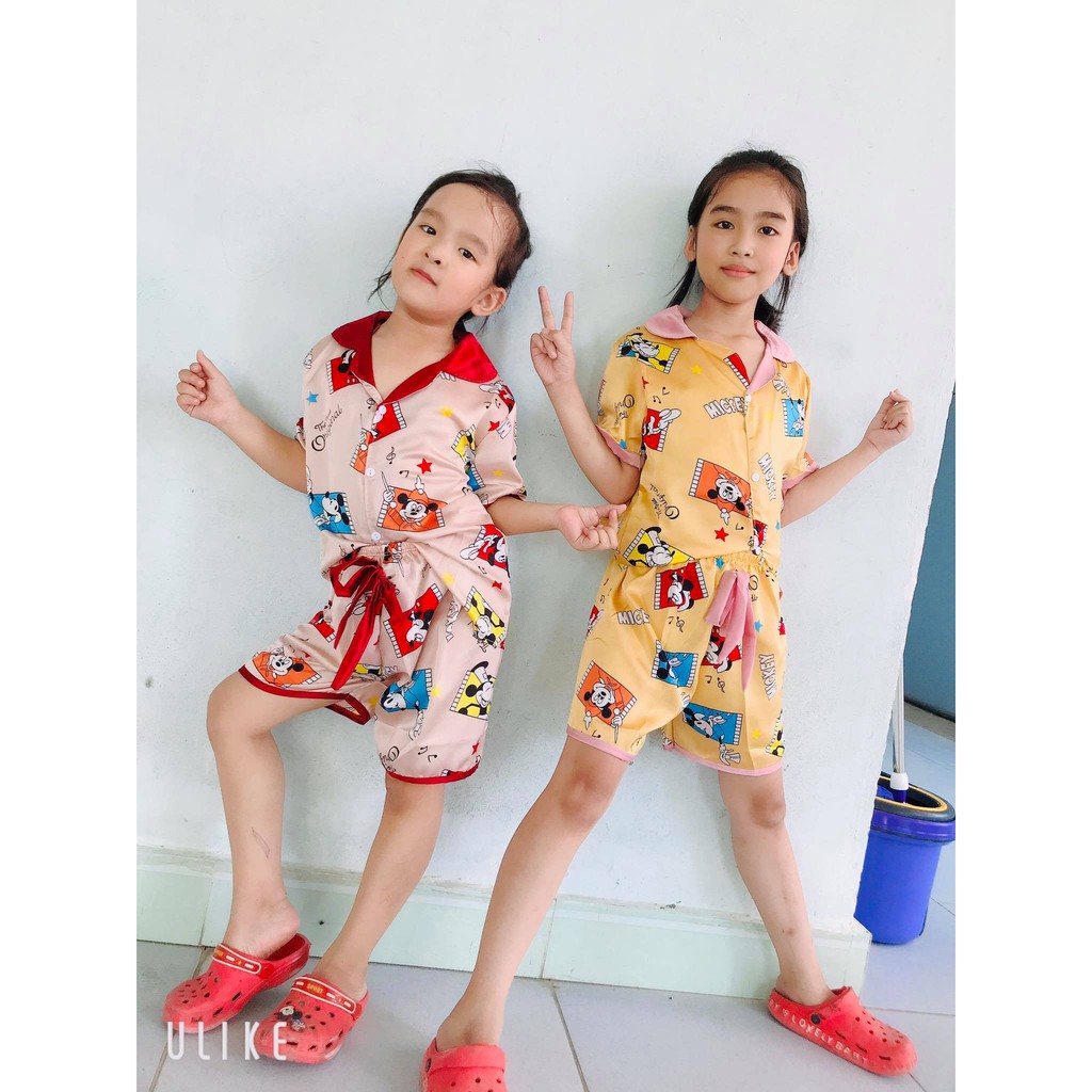 [18KG-32KG] Bộ Mặc Nhà Pijama Lụa Phối Nơ Cao Cấp Tay Cộc Cho Bé Gái - Chất Liệu Lụa mềm Mịn Thoáng Mát