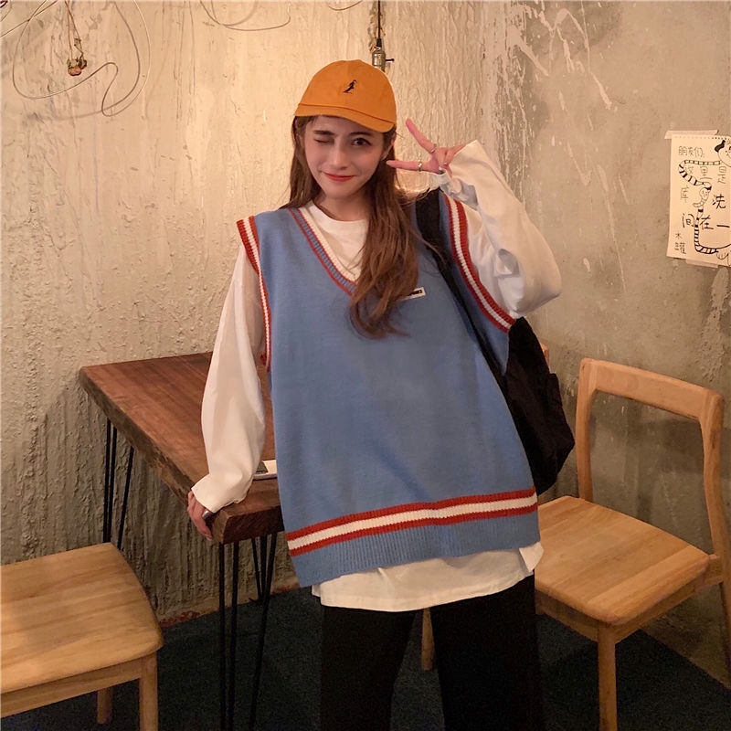 Áo Len Không Tay Cổ Chữ V Họa Tiết Kẻ Sọc Thời Trang Mùa Thu Hàn Quốc | BigBuy360 - bigbuy360.vn