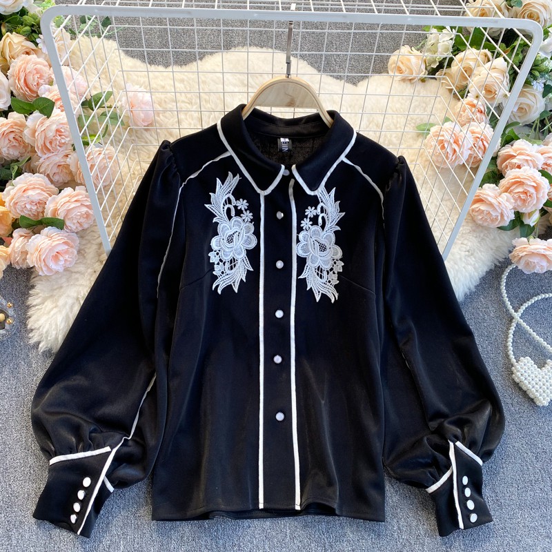 Áo sơ mi thêu áo nữ cách điệu dài tay mùa thu