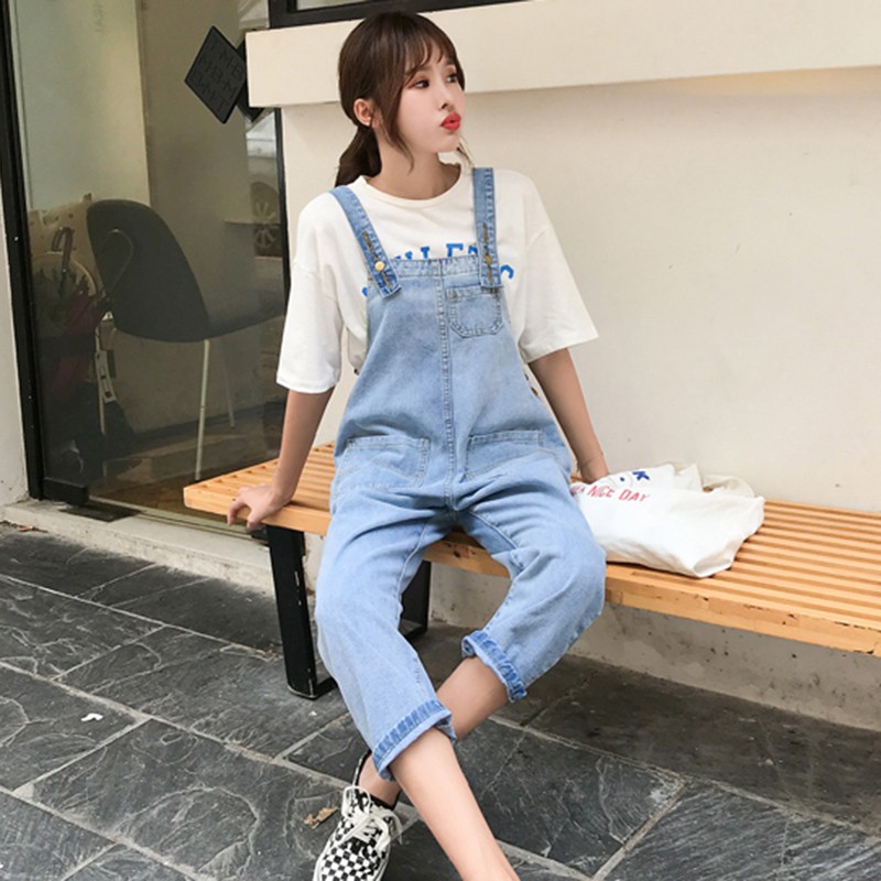 Quần yếm ulzzang quần yếm jean lửng rộng ống suông quần yếm bò jeans kiểu hàn quốc