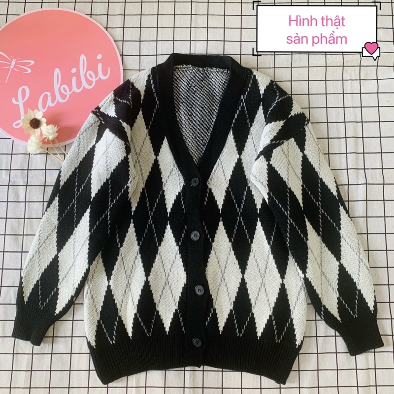 Áo Khoác Cardigan Len Nữ Kẻ Sọc Caro Kim Cương Đen Trắng, Cadigan Len Dày Phong Cách Hàn Quốc, Labibi