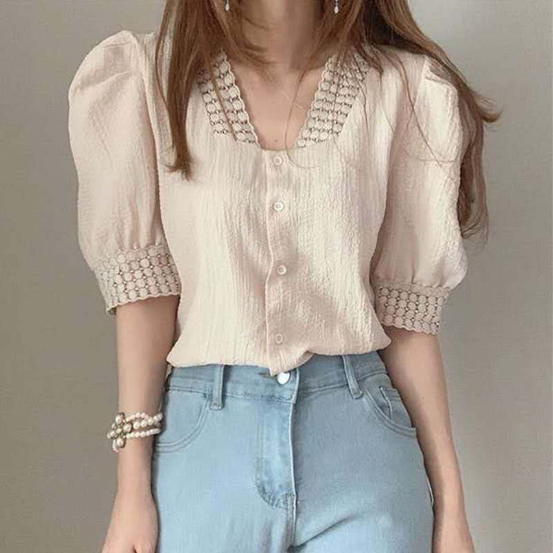 Áo Sơ Mi Nữ Tay Ngắn Cổ Chữ V Phong Cách Hàn Quốc