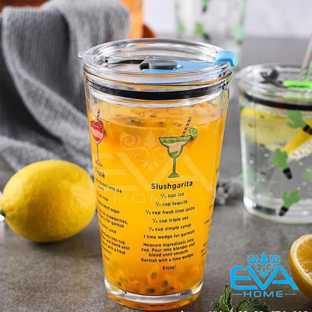 Ly Thuỷ Tinh Chia Vạch Hoạ Tiết Hoạt Hình Có Nắp Đậy Kín Hơi 400 Ml Tặng Kèm Ống Hút Thuỷ Tinh An Toàn