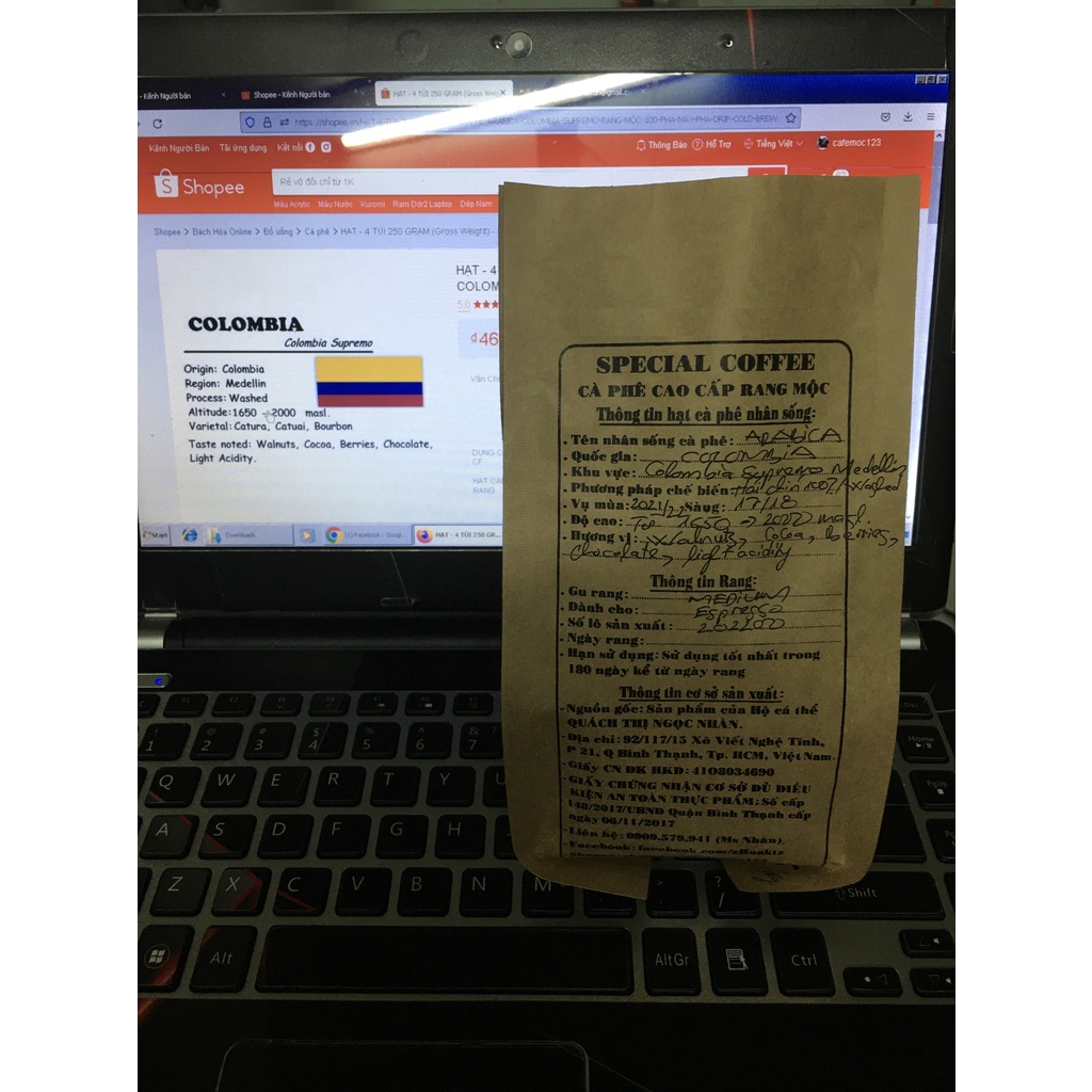 HẠT - 2 TÚI 250 GRAM  - HẠT CÀ PHÊ ARABICA COLOMBIA SUPREMO RANG MỘC 100% - PHA MÁY/PHA DRIP/COLD BREW.