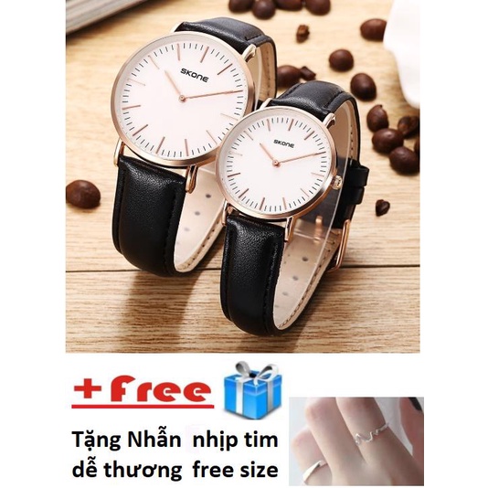 Đồng hồ cặp nam nữ dây da tổng hợp (Đen) + Tặng nhẫn nhịp tim dễ thương