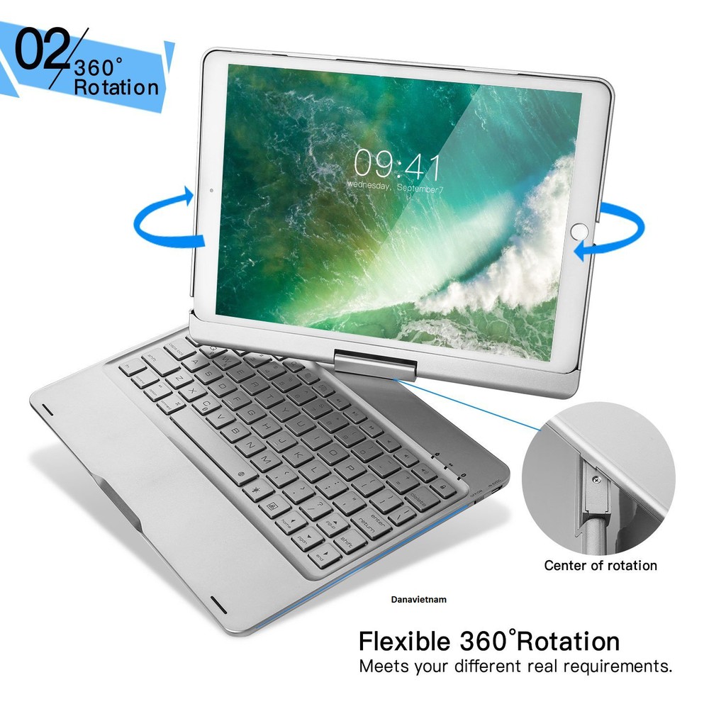 Bàn phím bluetooth kiêm ốp lưng F360 cho iPad Pro 10.5'' xoay 360 độ (Bạc) tặng cáp sạc iPhone