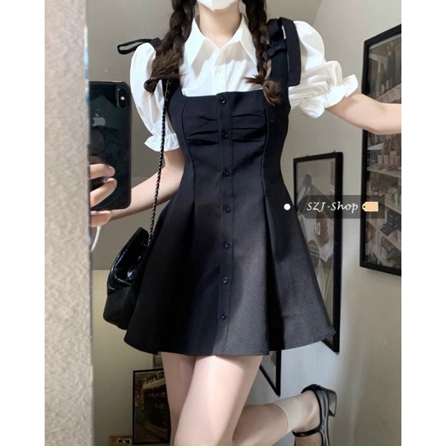 SET ĐẦM YẾM ĐEN CỘT VAI KÈM SƠMI TRẮNG