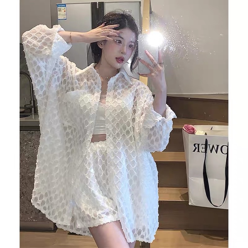 N33  SẴN Set áo sơ mi lưới dáng rộng quần đùi có Big size đi biển đi chơi siu xinh COÁ ẢNH THẬT