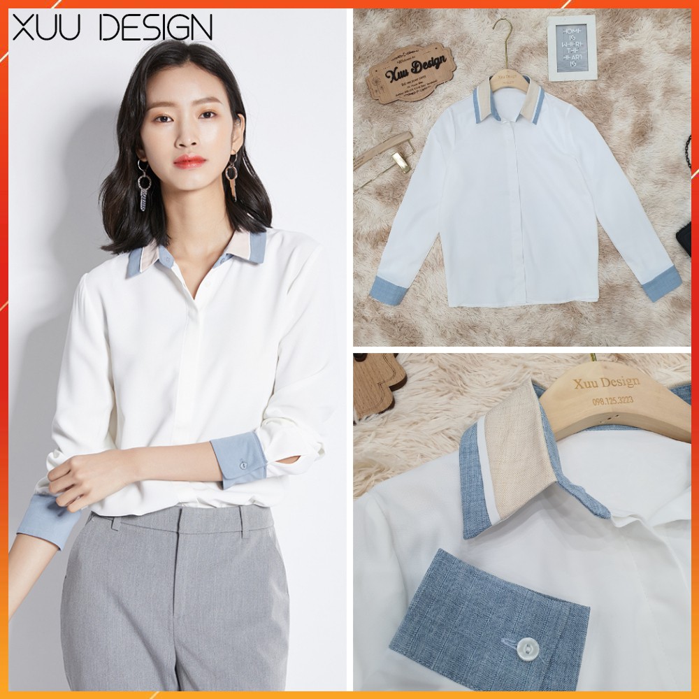 Áo sơ mi nữ trắng phối cổ Xuu Design, Áo kiểu nữ dài tay nẹp giấu cúc chất vải Lụa SP21 dài tay | BigBuy360 - bigbuy360.vn