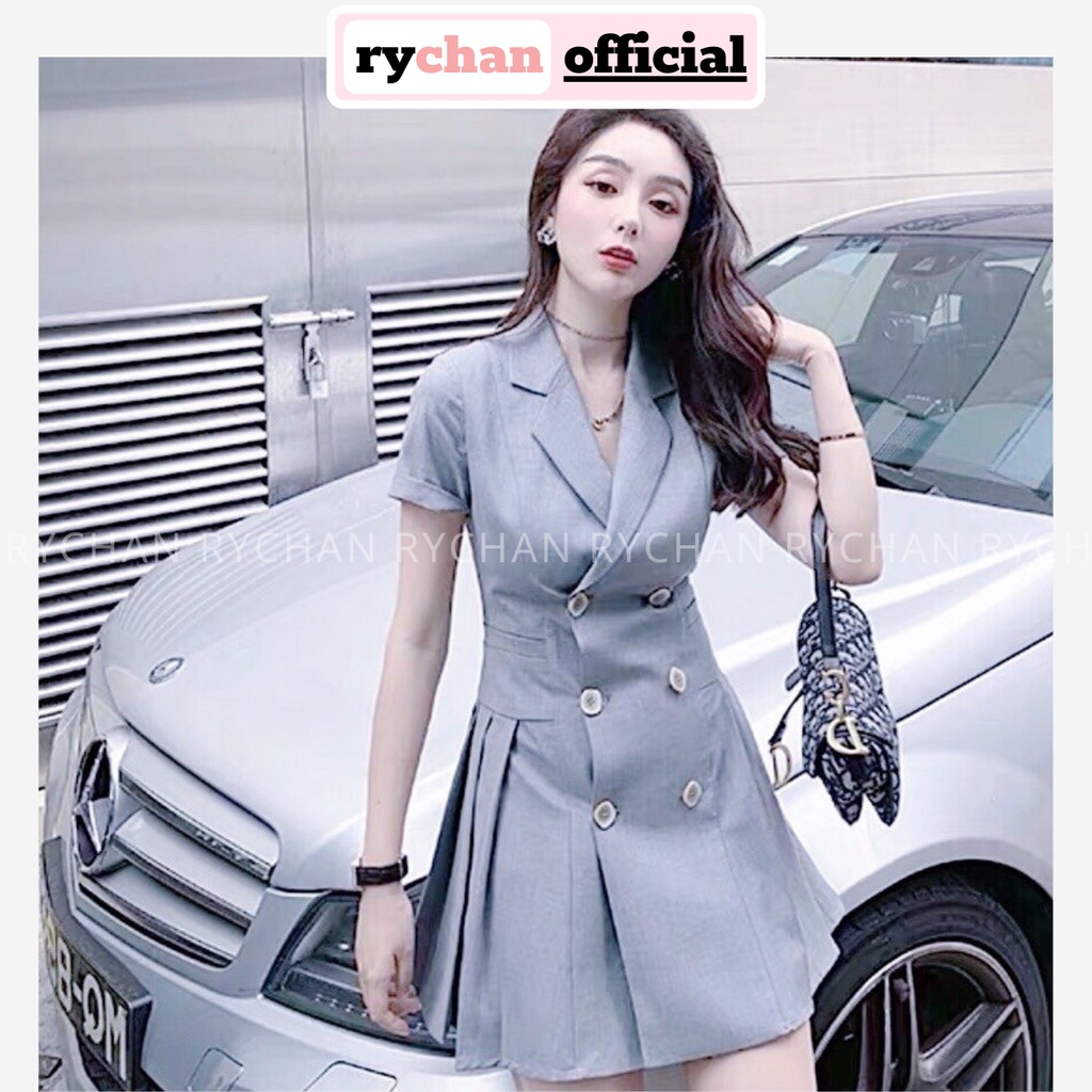 Đầm Váy Nữ Dự Tiệc Form Ngắn Cổ Vest 6 Nút Đuôi Xếp Li Thanh Lịch Cuốn Hút Màu Xám Xanh Rêu  - DX9915