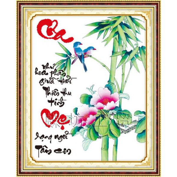 Tranh thêu chữ thập Thư Pháp Cha Mẹ 222443 (tranh tự thêu) kt:40x49cm