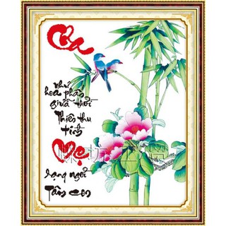 Tranh Thêu Chữ Thập Cha Như Hoa Phấn Giữa Trời Thiên Thu Tình, Mẹ Rạng Ngời Tâm Con 222443 (Khách tự thêu) kt:40x49cm