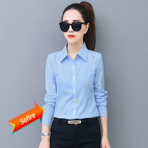 Áo sơ mi nữ tay dài họa tiết sọc dọc thời trang phong cách