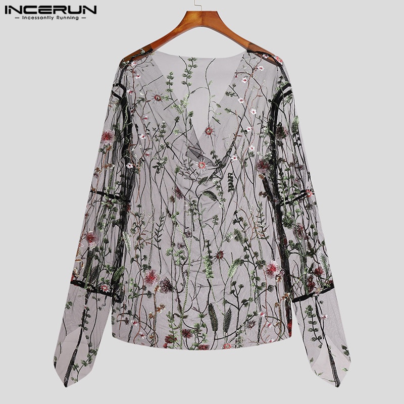 Áo thun INCERUN tay dài phối lưới xuyên thấu thêu hoa quyến rũ cho nam