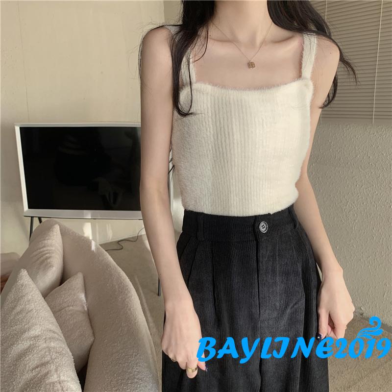 Áo Croptop Hai Dây Dệt Kim Mềm Màu Trơn Trẻ Trung Cho Nữ