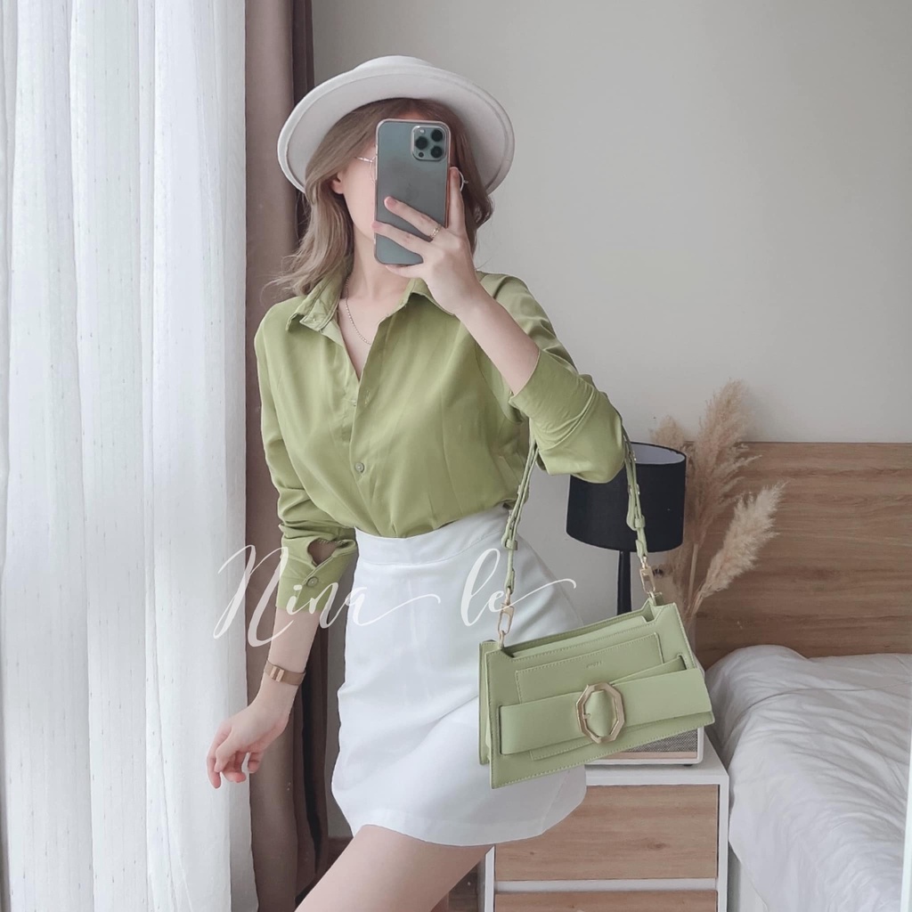 Sét bộ thời trang nữ áo dài tay màu xanh xinh xắn phối chân váy cotton thích hợp cho nàng đi chơi, đi biển
