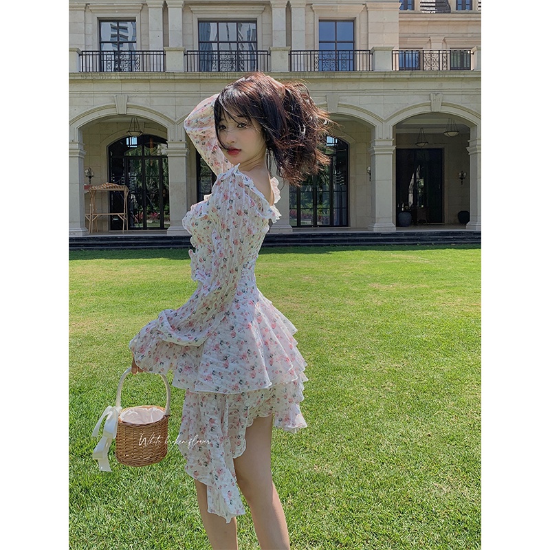 Đầm floral công chúa dài tay đuôi cá tầng bèo ngực Korea ulzzang - u.w