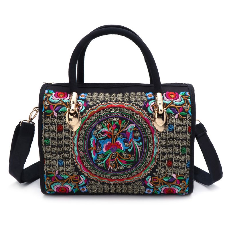 HAN  Women Floral Embroidered Handbag Ethnic Boho Canvas Shopping Tote Zipper Bag