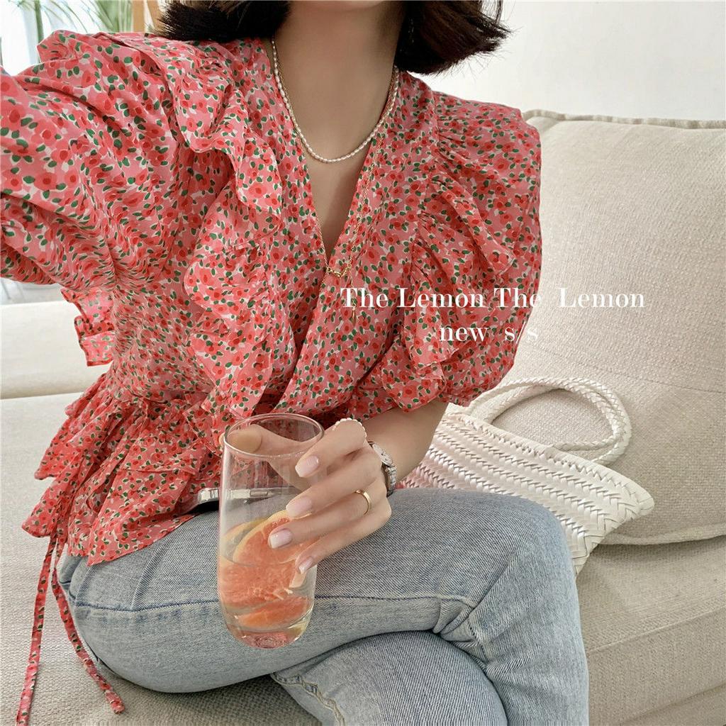 Áo Croptop Tay Phồng In Họa Tiết Hoa Phong Cách Retro Nữ Tính