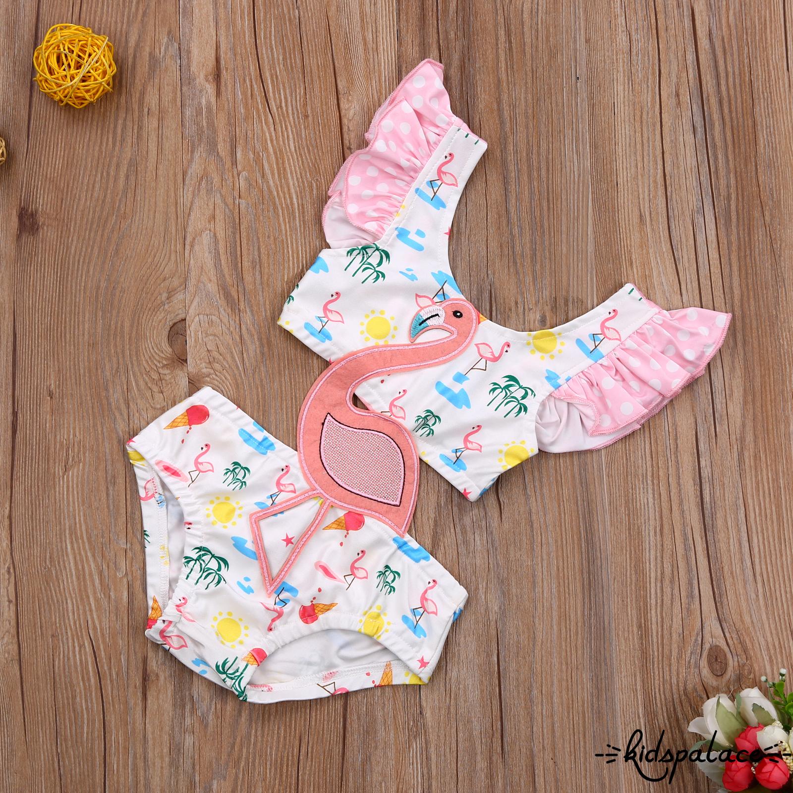 BbQ-Girl’s Sweet Flamingo Print One Piece Swimsuit Fashion Hollow Ruffles Suspender Swimsuit