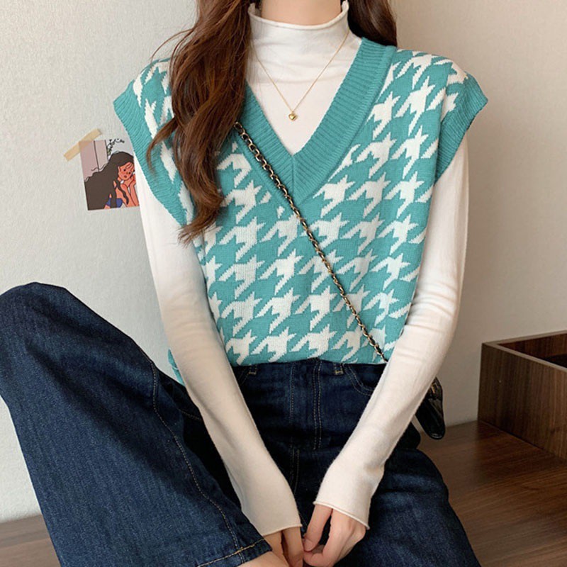 Áo sweater dệt kim không tay thiết kế xinh xắn phong cách Hàn