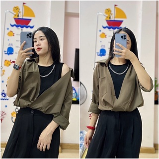 Áo sơmi phối dính liền