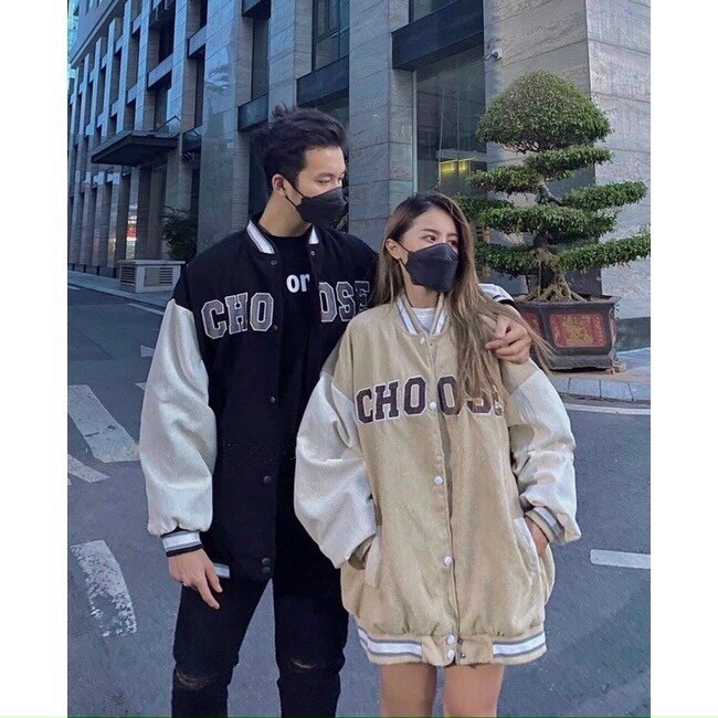 Áo Khoác Bomber CHOOSE Nhung Gân Tăm Thêu Phối Tay 2 Màu 2 Lớp Form Rộng Unisex Nam Nữ Ulzzang Hot Trend