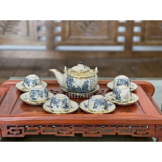 Bộ ấm chén men rạn cổ bọc đồng sứ Bát Tràng
