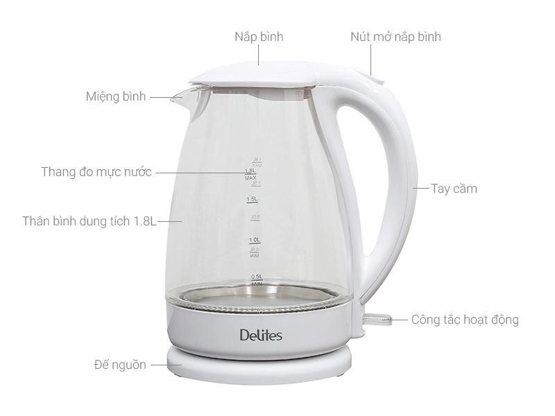 Bình siêu tốc Delites 1.8 lít ST18G02-hàng trưng bày,Bình đun siêu tốc bằng thủy tinh, màu trắng san