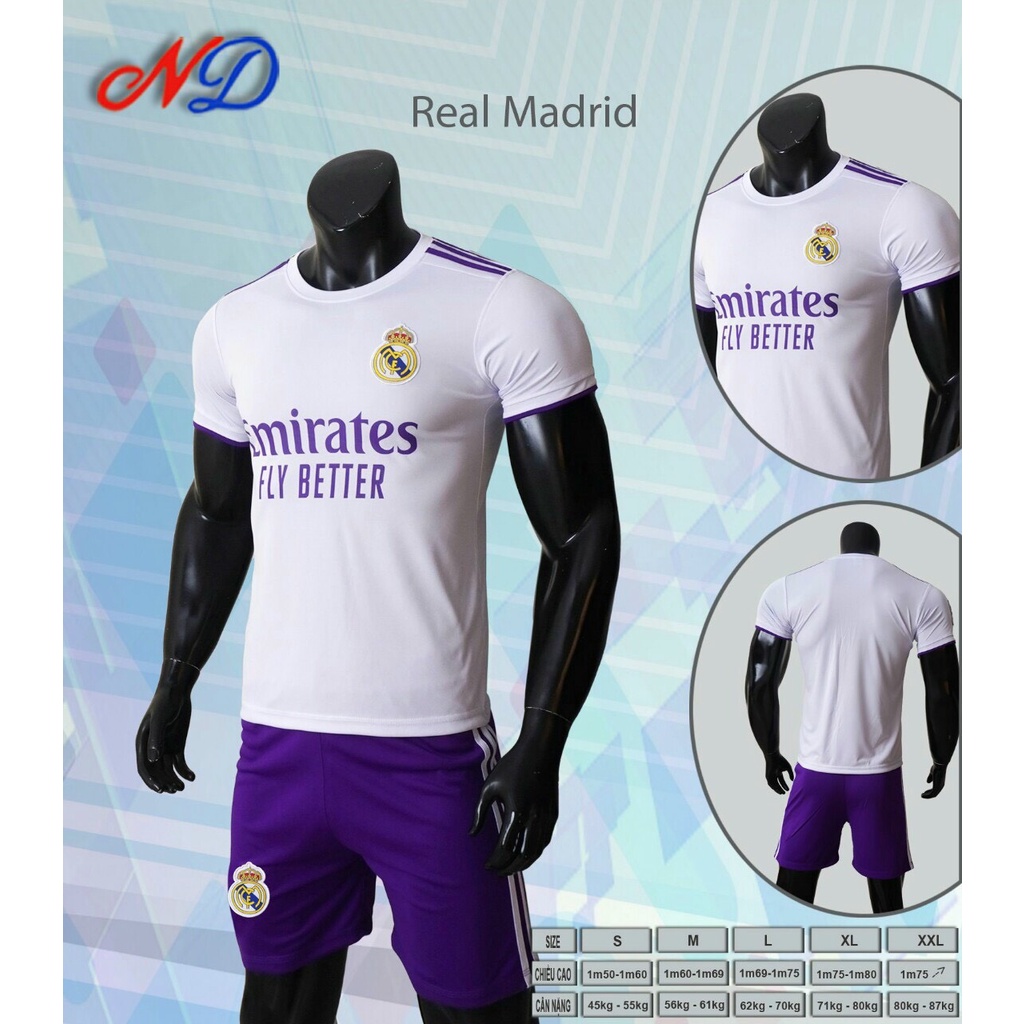 Bộ quần áo đá banh Real Mardrid trắng quần tím mới 2022