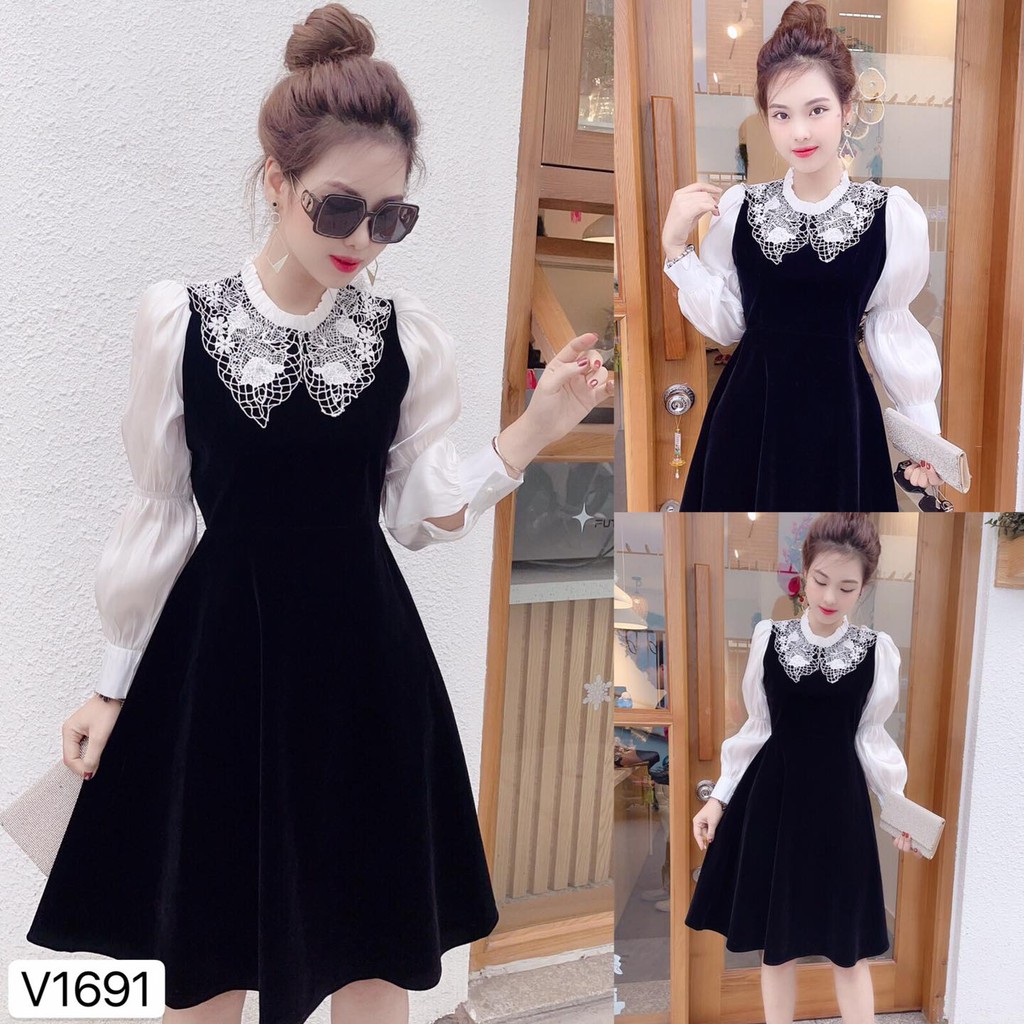 Váy Nhun đen tay voan trắng 1691 - DVC (ảnh thật trải sàn và mẫu mặc shop tự chụp) đầm nữ váy đi biển