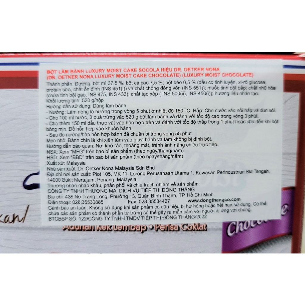 [Hộp 520g] BỘT LÀM BÁNH Moist Cake Sô cô la [Malaysia] DR OETKER Nona Luxury Moist Cake Chocolate (halal)