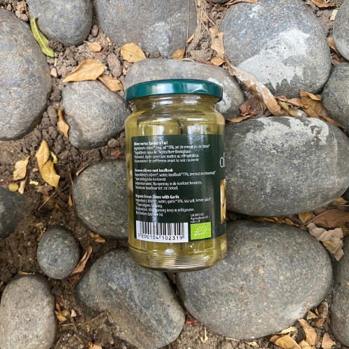 Quả oliu xanh hữu cơ ngâm nước muối (đã tách hạt) - Epikouros - nhân tỏi 320gr