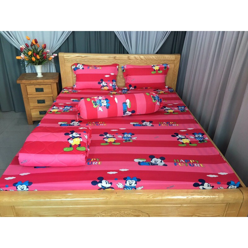 Bộ drap thun☘️FREESHIP☘️ga thun lạnh Hàn Quốc mẫu chuột mickey ( 1 ga, 3 vỏ gối)