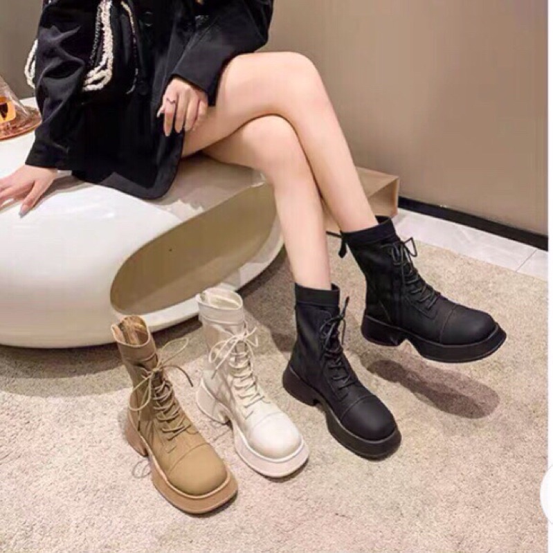Giày bốt nữ cổ cao buộc dây cá tính hàng quảng châu hộp cam xả kho 150k
