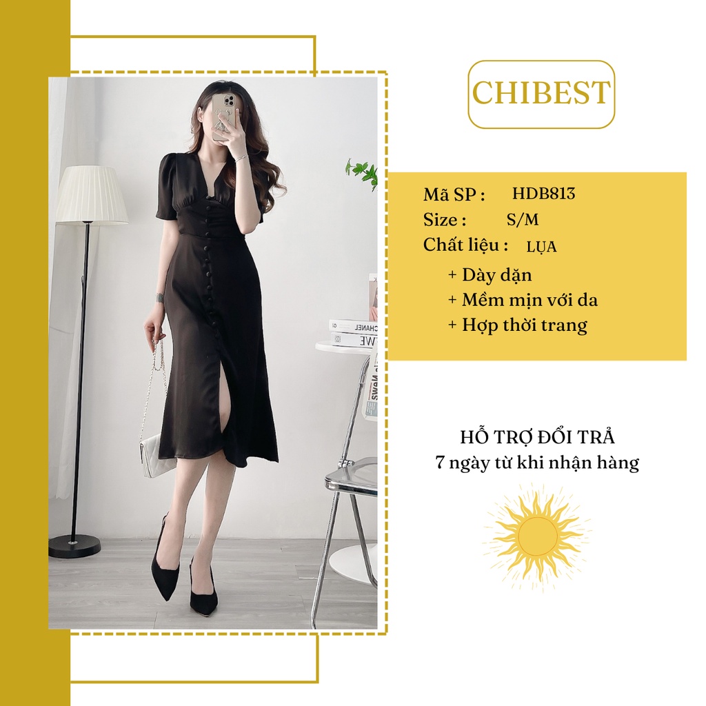 Đầm body lụa dáng dài cao cấp nút bọc xẻ line trước CHIBEST HDB813