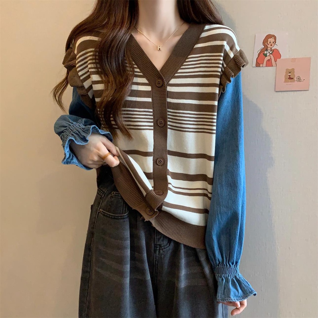 Áo khoác cardigan dệt kim ZHELIHANGFEI tay dài dáng rộng giả hai lớp dễ phối đồ thời trang cho nữ