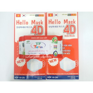 COMBO 1 HỘP KHẨU TRANG 4D HELLO MASK (MÀU TRẮNG 10 CHIÊC)+ 1 KHĂN ƯỚT 20 GRAM