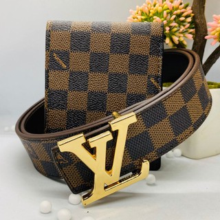 COMBO Thắt Lưng/Dây Nịt + Ví Da Nam Cao Cấp Kẻ Caro Nâu, Mặt Khóa Vàng Hiện Đại Da Tổng Hợp PVC HOT HIT 2021